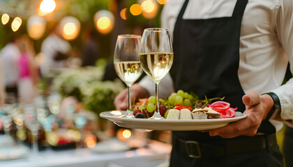 catering or celebration concept. Waiter holding a tray with glasses of vine at party