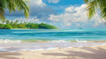 Imaginatively staged sandy beach with palm trees. Landscape has tropical character, such as in Caribbean