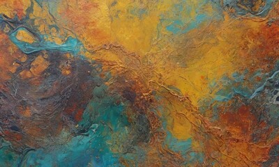 A painting of a yellow and blue sky with a brown and green background