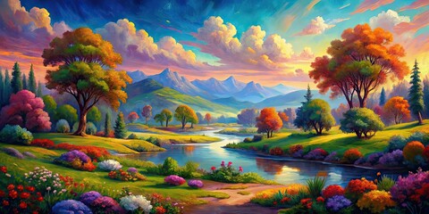 Oil painting of a vibrant and colorful landscape scene, oil painting, art, canvas, brush strokes, colors