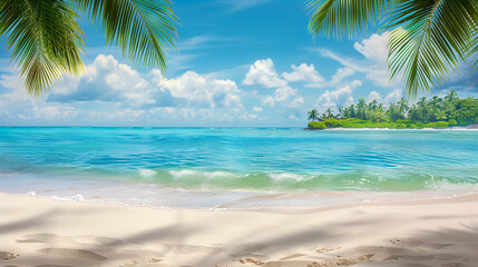 Imaginatively staged sandy beach with palm trees. Landscape has tropical character, such as in Caribbean