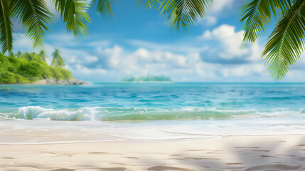 Imaginatively staged sandy beach with palm trees. Landscape has tropical character, such as in Caribbean. Background is slightly softened