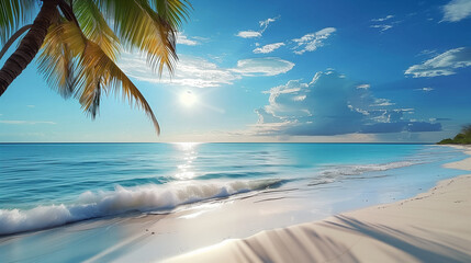 Imaginatively staged sandy beach with palm trees and sunset. Landscape has tropical character, such as in Caribbean