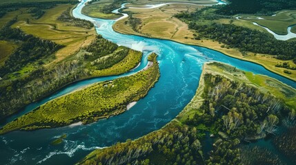 Aerial perspective of a winding river