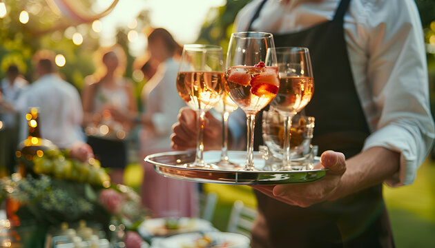 catering or celebration concept. Waiter holding a tray with glasses of vine at party
