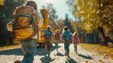 Fototapeta premium Group of children with backpacks running to yellow school bus in autumn fall nature morning, Pupils transportation and travel to elementary school, Back to school concept.