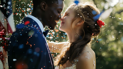 Portrait of a happy african american biracial couple in love at a party with star blue and red confetti falling on them. Independence day july 4th party outdoors in America. Wedding marriage USA.