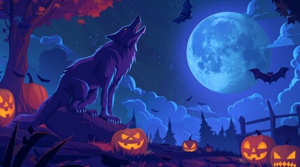 Cartoon werewolf howling at the moon with spooky decorations like bats and jack-o-lanterns
