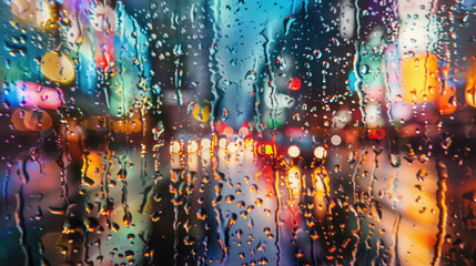 City Lights Reflected in Raindrops on Glass Pane