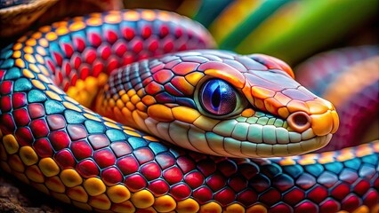 Fototapeta premium Close up of a snake with vibrant scales , serpent, reptile, wildlife, slithering, close-up, scales, texture, pattern