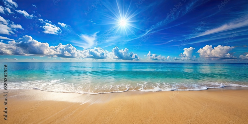 Poster Natural summer beach background with soft sand, sparkling sea water, and blue sky rays of sunshine , Tropical, Vacation