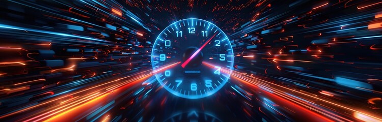  illustration of a neon blue speedometer with orange and blue lines on a black background