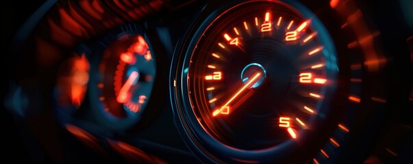 a neon yellow car speedometer lights up on a black background