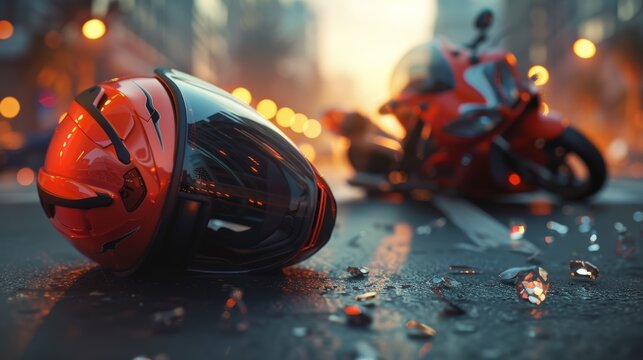 Motorcycle and car accident or crash on road. Dangerous street collision, careless fast driver, emergency help, drunk, insurance.
