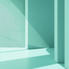 A serene, minimalistic indoor scene featuring cyan walls and shadows, highlighting clean lines and modern aesthetic.