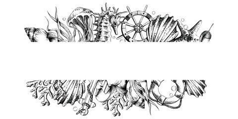 Fototapeta premium Marine animals with an anchor, a lifebuoy and a steering wheel. Illustration of graphic line art in black and white, hand drawn. Horizontal board, frame for decoration and design