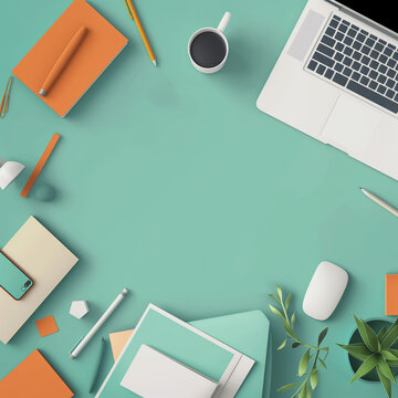 An overhead office desk view featuring a laptop, coffee, and various stationery items, reflecting productivity and organization.