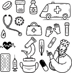 Vector doodle illustration on topic of health and medicine. collection of hand drawn elements.
