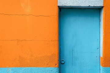 Vivid orange and blue paint contrasts on wall with small blue door, radiating boldness, and intrigue in a simple scene.