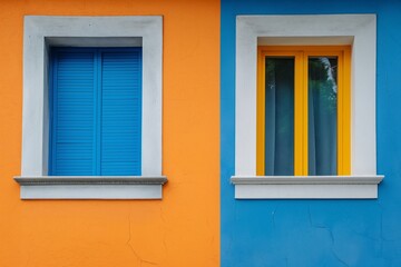 Obraz premium Vivid orange and blue building facade with two windows in contrasting colors and white window frames.