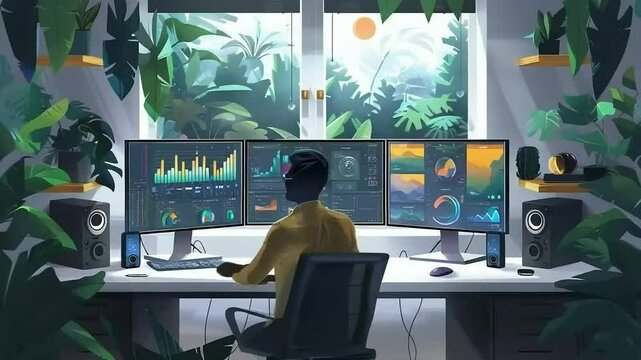 Remote Work Setup with Multiple Monitors and Nature View