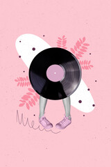 Collage artwork sketch of weird woman silhouette vinyl plate isolated on drawing creative background
