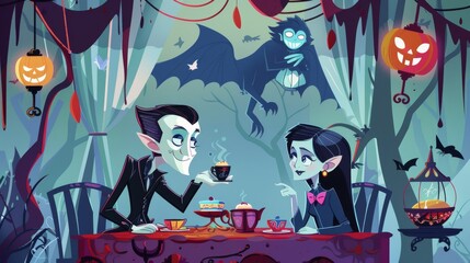 Cartoon vampire and werewolf having a tea party with spooky decorations in the background