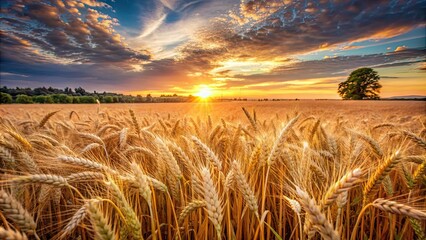 Ripe barley crops in a beautiful cultivated landscape during summer sunset , harvest, barley, crops, agriculture, cultivated, landscape