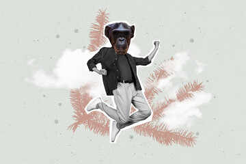 Collage artwork sketch poster of funny funky nice man jump up fist isolated on drawing creative background