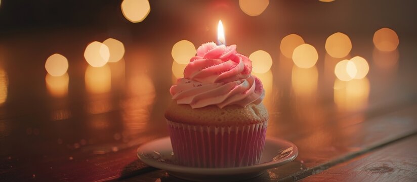Scrumptious cupcake with lit candle on wooden table against blurred warm lights