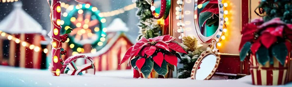 Christmas-decorated circus and a Christmas market. The circus tent is surrounded by colorful ornaments and garlands. Web banner