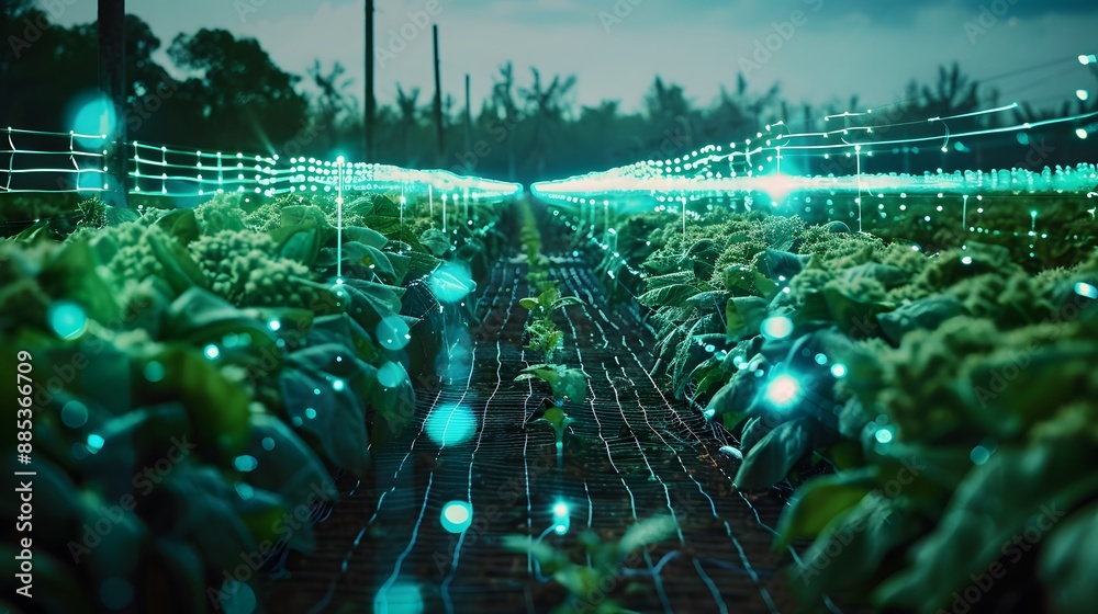 Poster a high-tech farm implementing advanced cybersecurity protocols