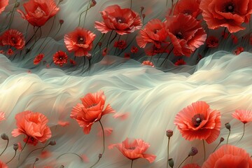 Red Poppies on White Sheer Fabric