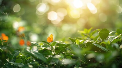 Butterfly garden with various species, soft sunlight,  lush greenery, vibrant colors, peaceful and lively atmosphere