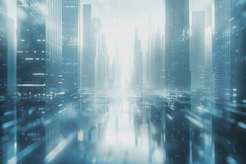 Obraz premium Futuristic city with blurry moving glass buildings and skyscrapers. Use a white and blue theme.
