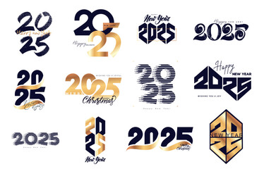 2025 numbers design template set. 2025 New Year logo gold and black text design. Collection of Happy New Year. Calendar logo 2025 Vector Christmas elements. Luxury golden number design template.