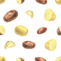 Red potatoes, peeled whole tubers and slices . Watercolor illustration, hand drawn on the theme of harvest, cooking, food, packaging, vegetable shop design. Seamless pattern simple