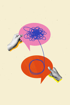 Vertical photo collage of hands hold communication bubble speech exchange scribble conversation cloud isolated on painted background