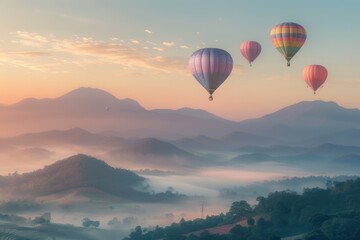 Fototapeta premium Hot Air Balloons Soaring Over Misty Mountain Ranges