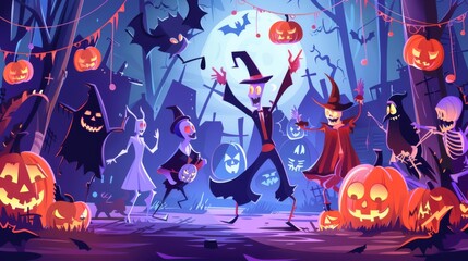 Obraz premium Spooky Halloween ball with cartoon characters dancing in costumes and creepy decorations