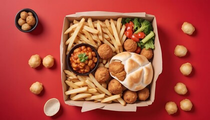 Frybox with fries, chicken, potato balls, pita and vegetables on isolated red background created with generative ai