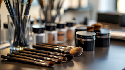 makeup brushes and products on a table
