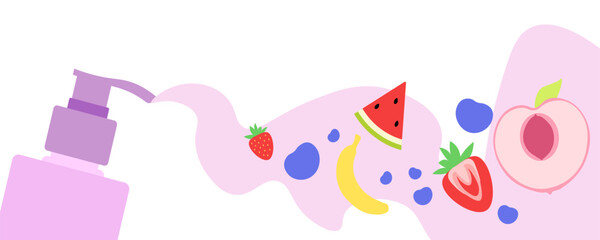Shampoo banner. Fruits background. Flat style. Vector icons.