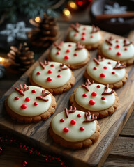 Generative AI illustration. Decorated Christmas cookies on a wooden background