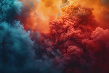 The powerful smoke is a fiery mix of red, yellow, and orange, like a volcanic eruption.