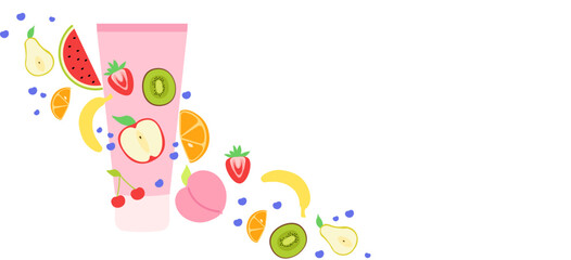 Shampoo banner. Fruits background. Flat style. Vector icons.