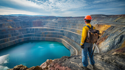 A worker stands in front of an open pit mine with blue water. Gold, diamond, silver, minerals, or copper mine concept. Top view.