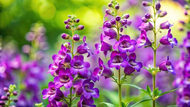 Penstemon 'Sour Grapes' with vibrant purple flowers against a lush green background, Penstemon, Sour Grapes, purple, flowers