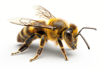 A flying honey bee on a white background cutout. Macro side close-up view. macro.