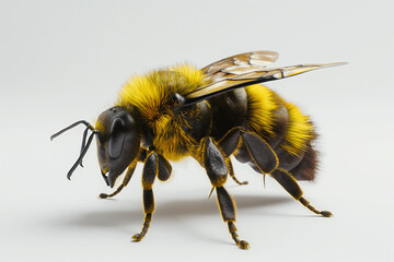 A flying honey bee on a white or light gray background cutout. Macro side close-up view. macro.